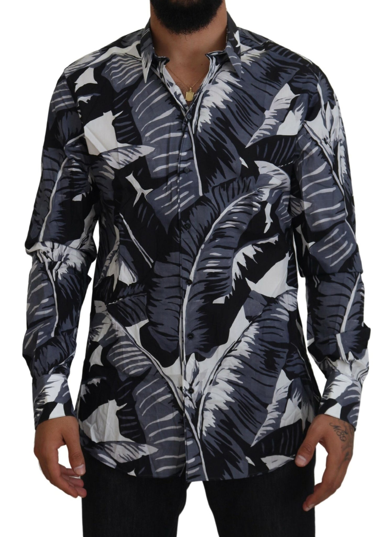 Dolce & Gabbana Gray Blue Banana Leaf Slim Fit Shirt