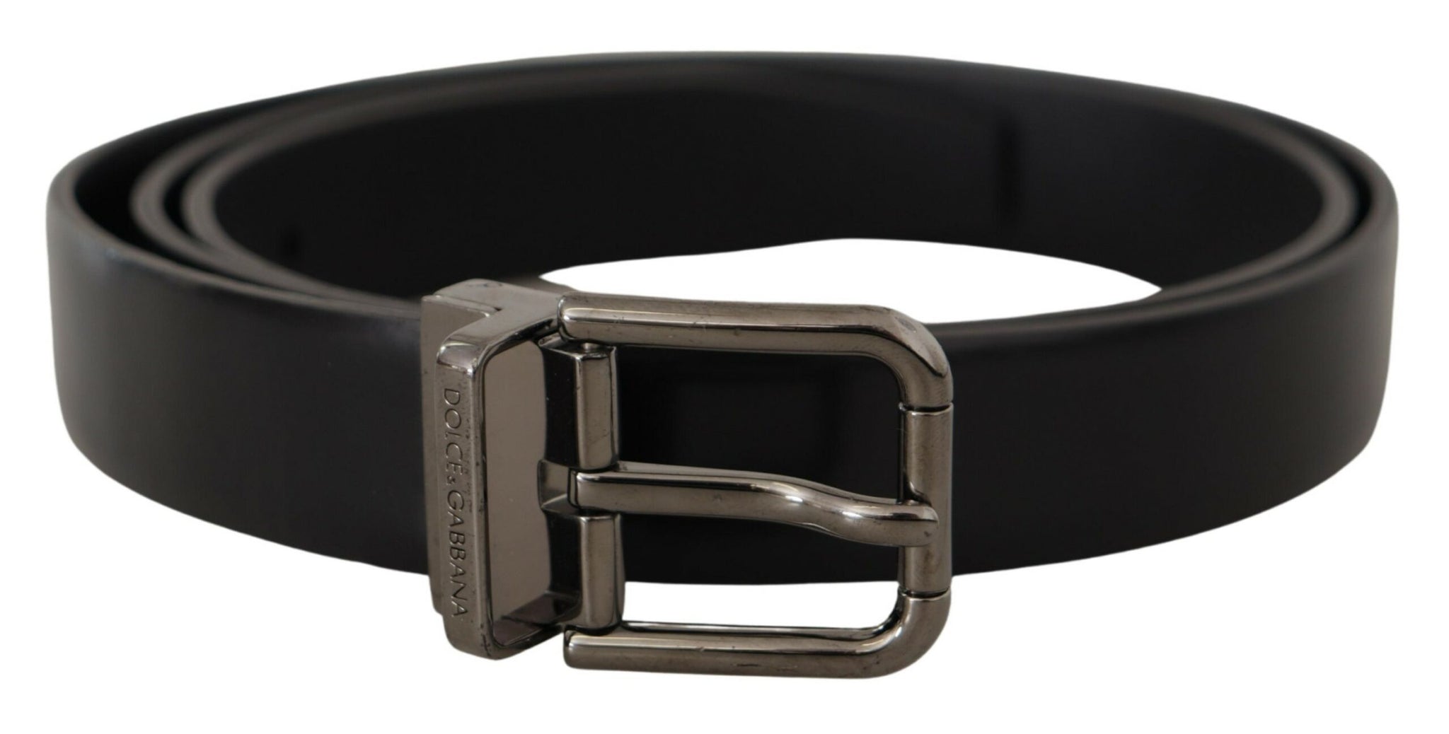 Dolce & Gabbana Black Calf Leather Logo Engraved Metal Buckle Belt