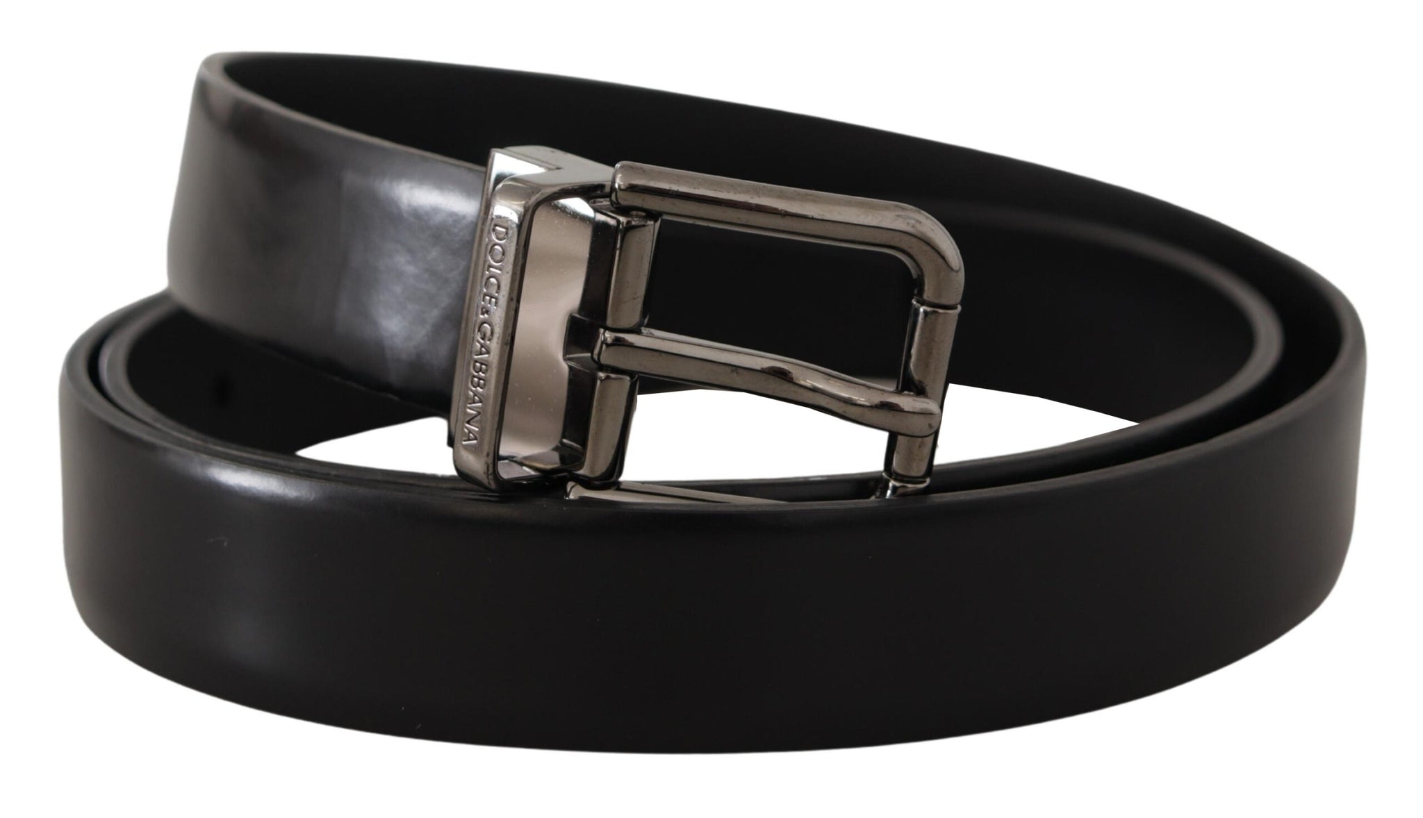 Dolce & Gabbana Black Calf Leather Logo Engraved Metal Buckle Belt