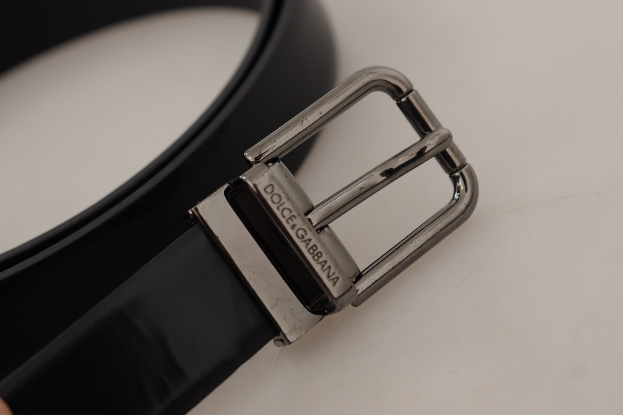 Dolce & Gabbana Black Calf Leather Logo Engraved Metal Buckle Belt