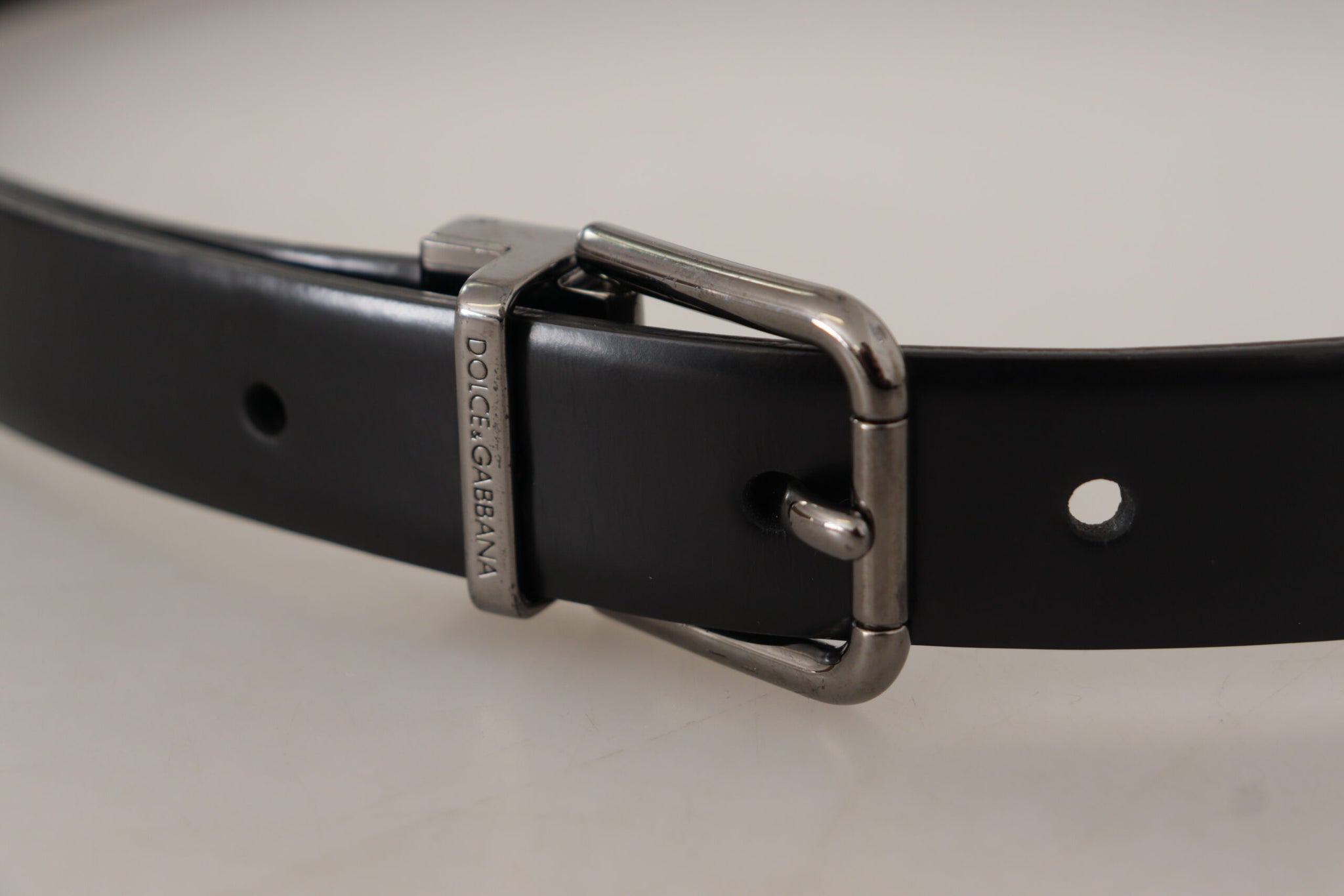 Dolce & Gabbana Black Calf Leather Logo Engraved Metal Buckle Belt