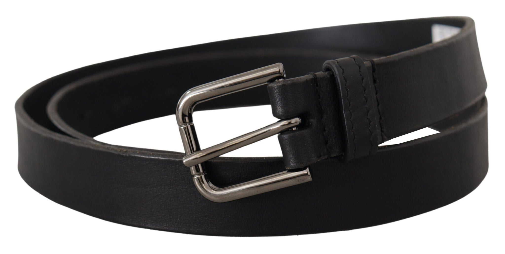 Dolce & Gabbana Black Calf Leather Logo Engraved Metal Buckle Belt