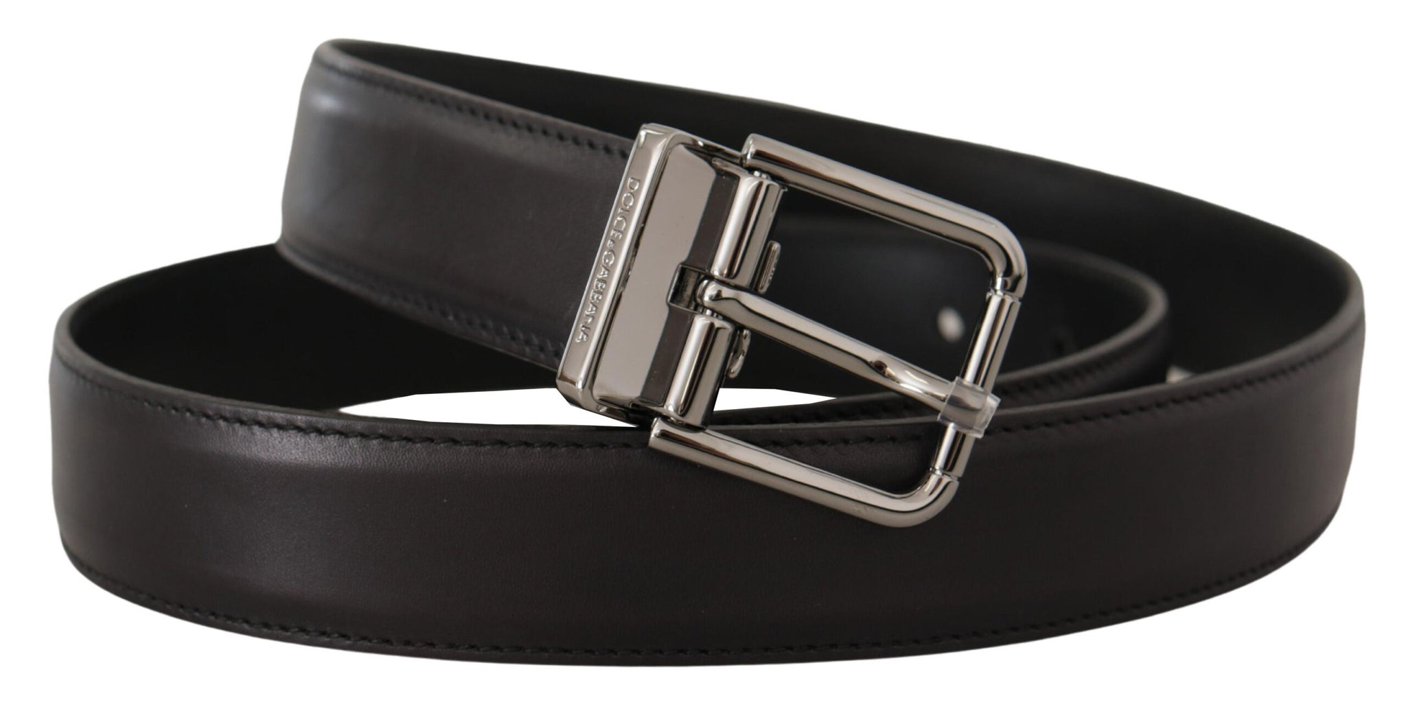 Dolce & Gabbana Black Calf Leather Logo Engraved Metal Buckle Belt