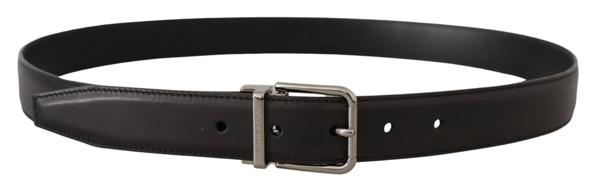 Dolce & Gabbana Black Calf Leather Logo Engraved Metal Buckle Belt