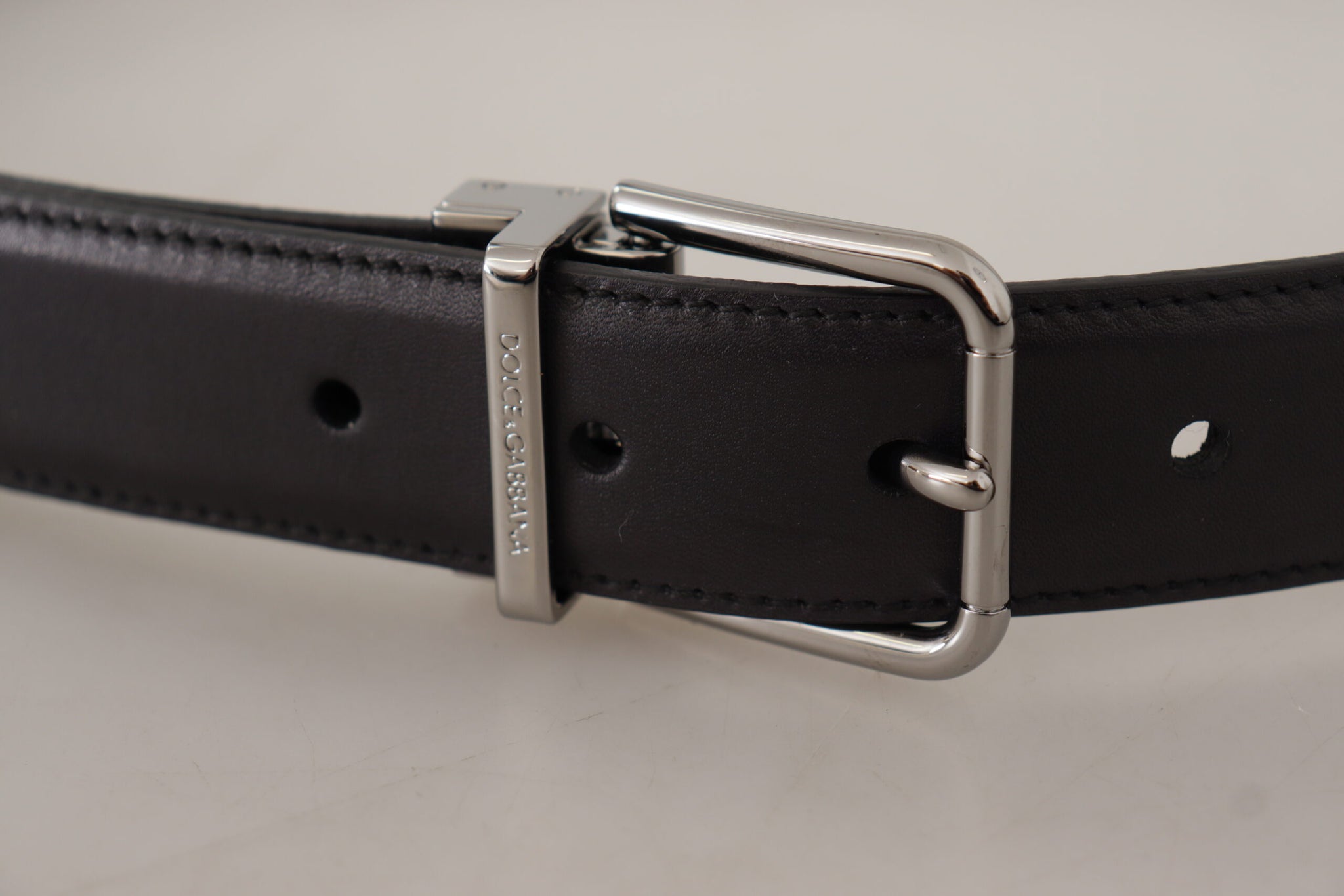 Dolce & Gabbana Black Calf Leather Logo Engraved Metal Buckle Belt