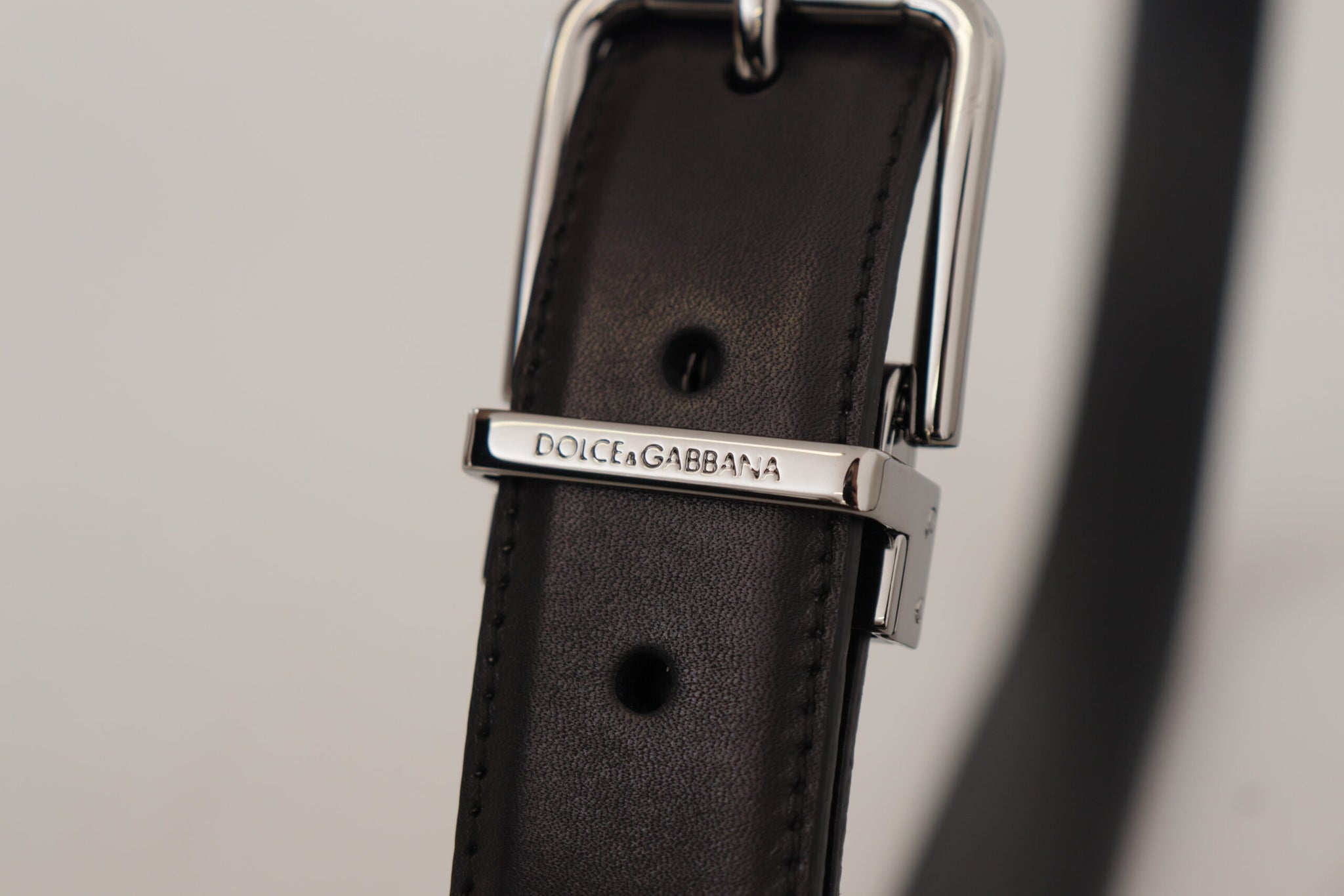 Dolce & Gabbana Black Calf Leather Logo Engraved Metal Buckle Belt