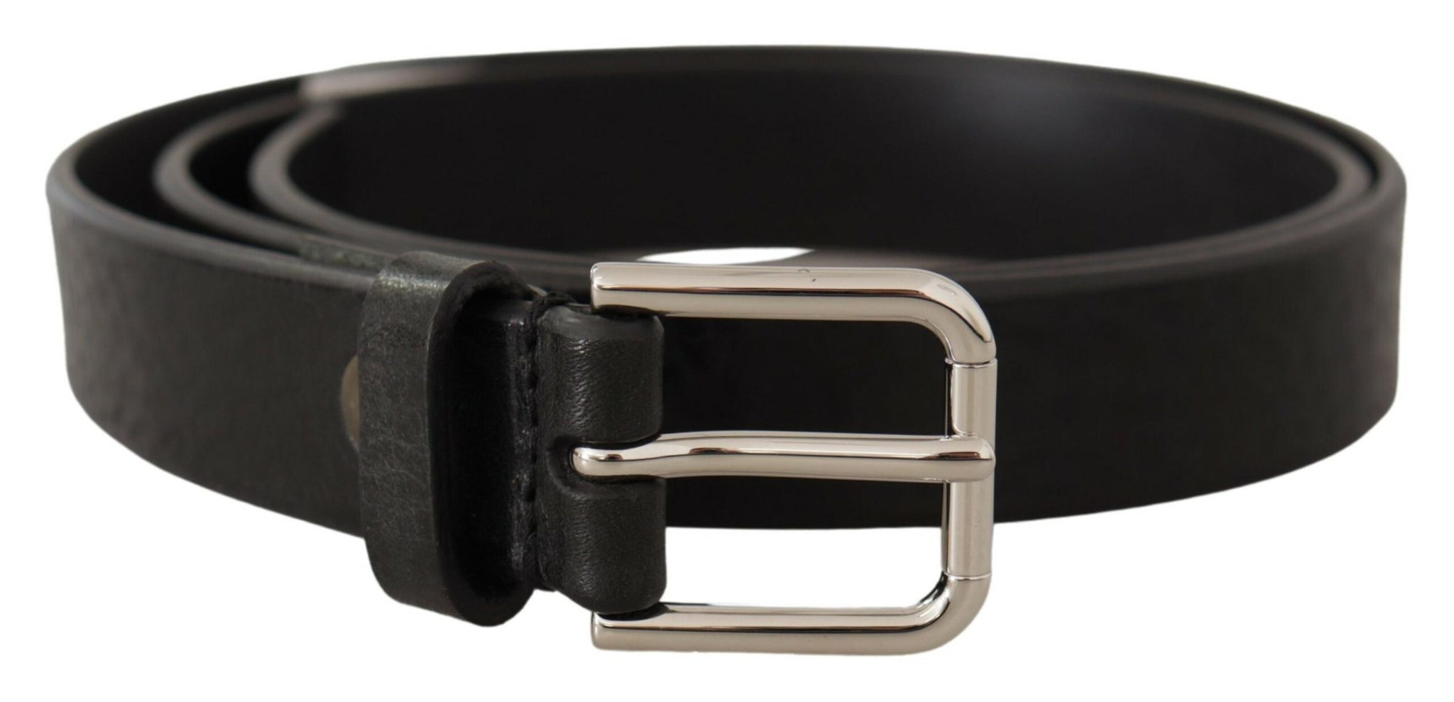 Dolce & Gabbana Black Calf Leather Silver Tone Logo Metal Buckle Belt