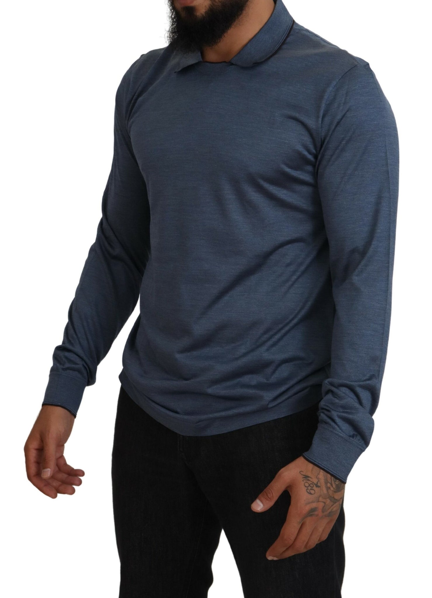 Dolce & Gabbana Blue Silk Collar Polo Pullover Sweater