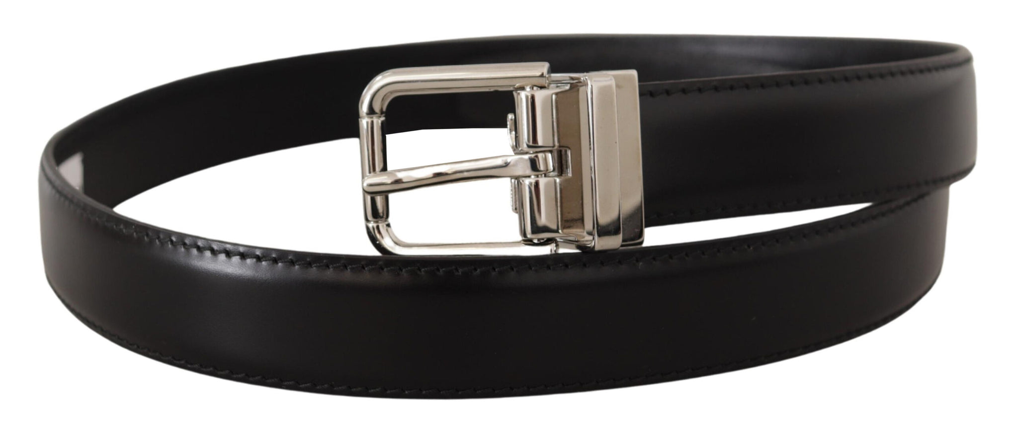 Dolce & Gabbana Black Calf Leather Logo Engraved Metal Buckle Belt