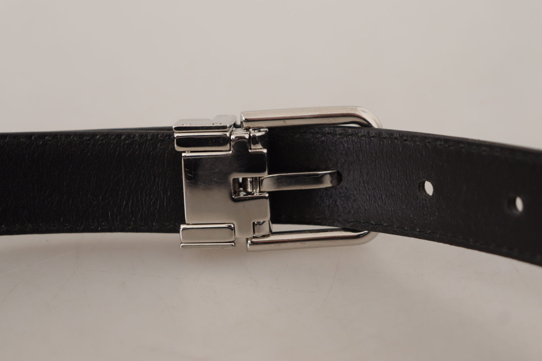 Dolce & Gabbana Black Calf Leather Logo Engraved Metal Buckle Belt