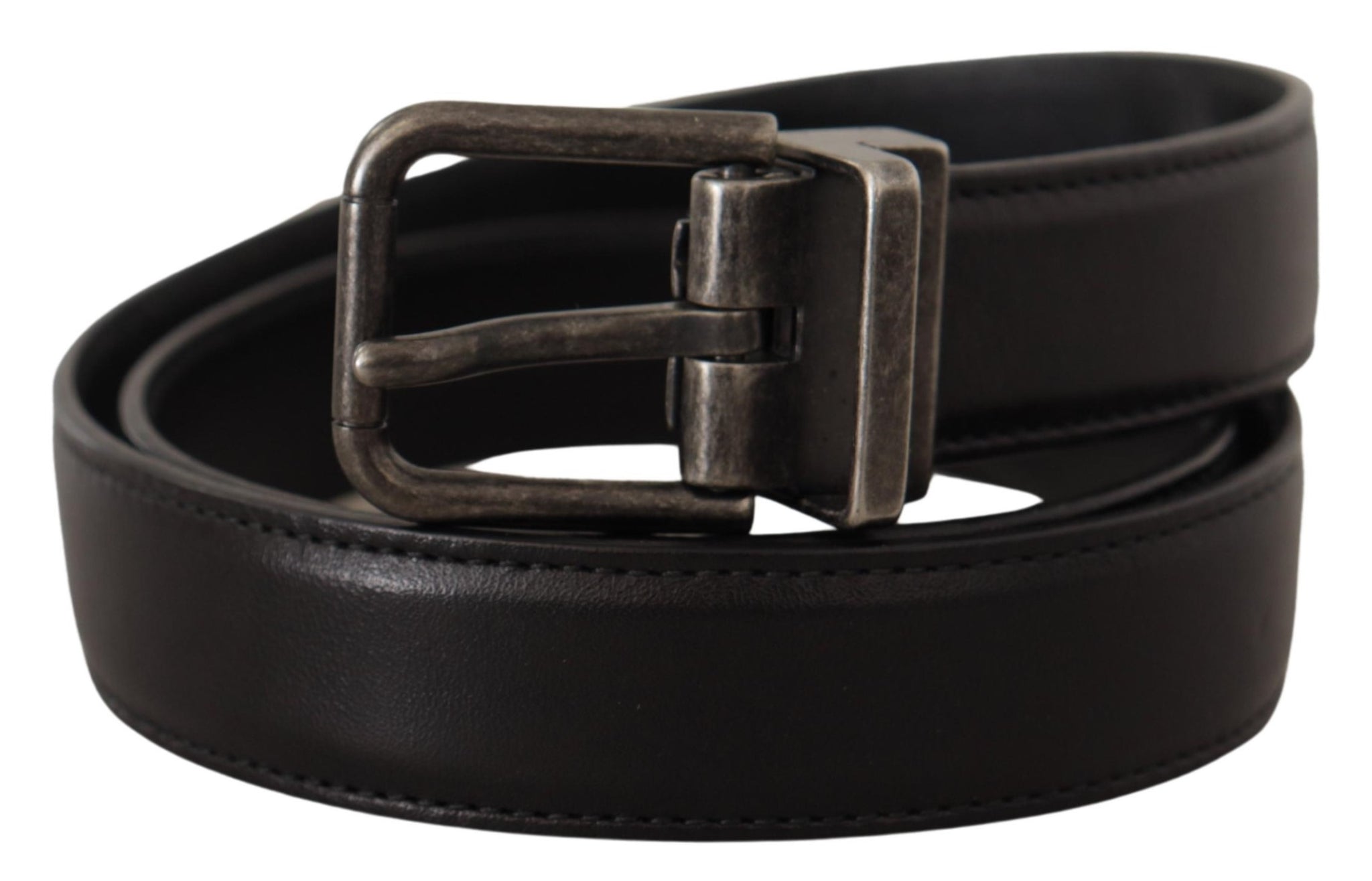 Black Calf Leather Logo Metal Buckle Belt