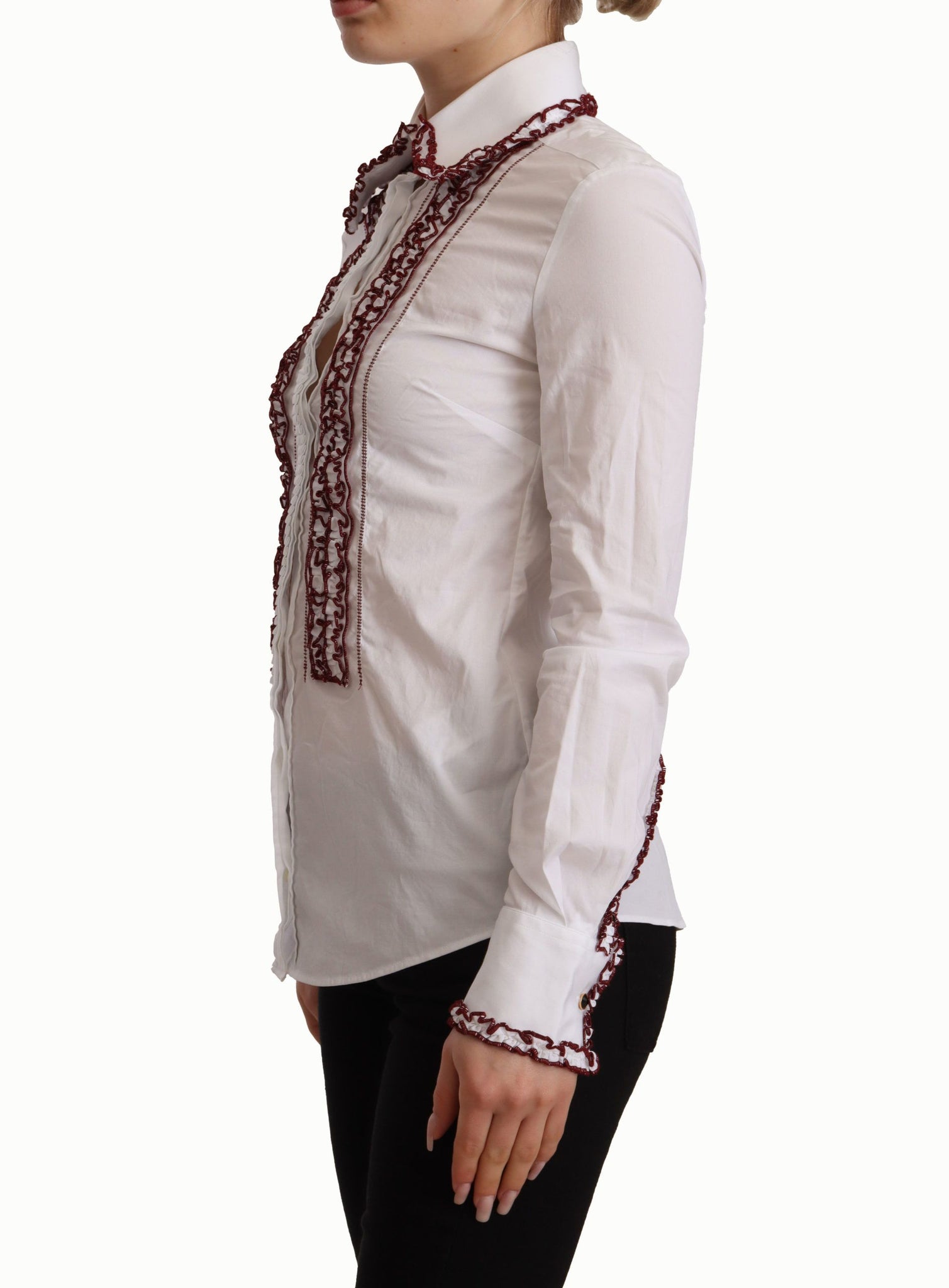 White Cotton Lace Long Sleeves Ruffle Collar Top Shirt