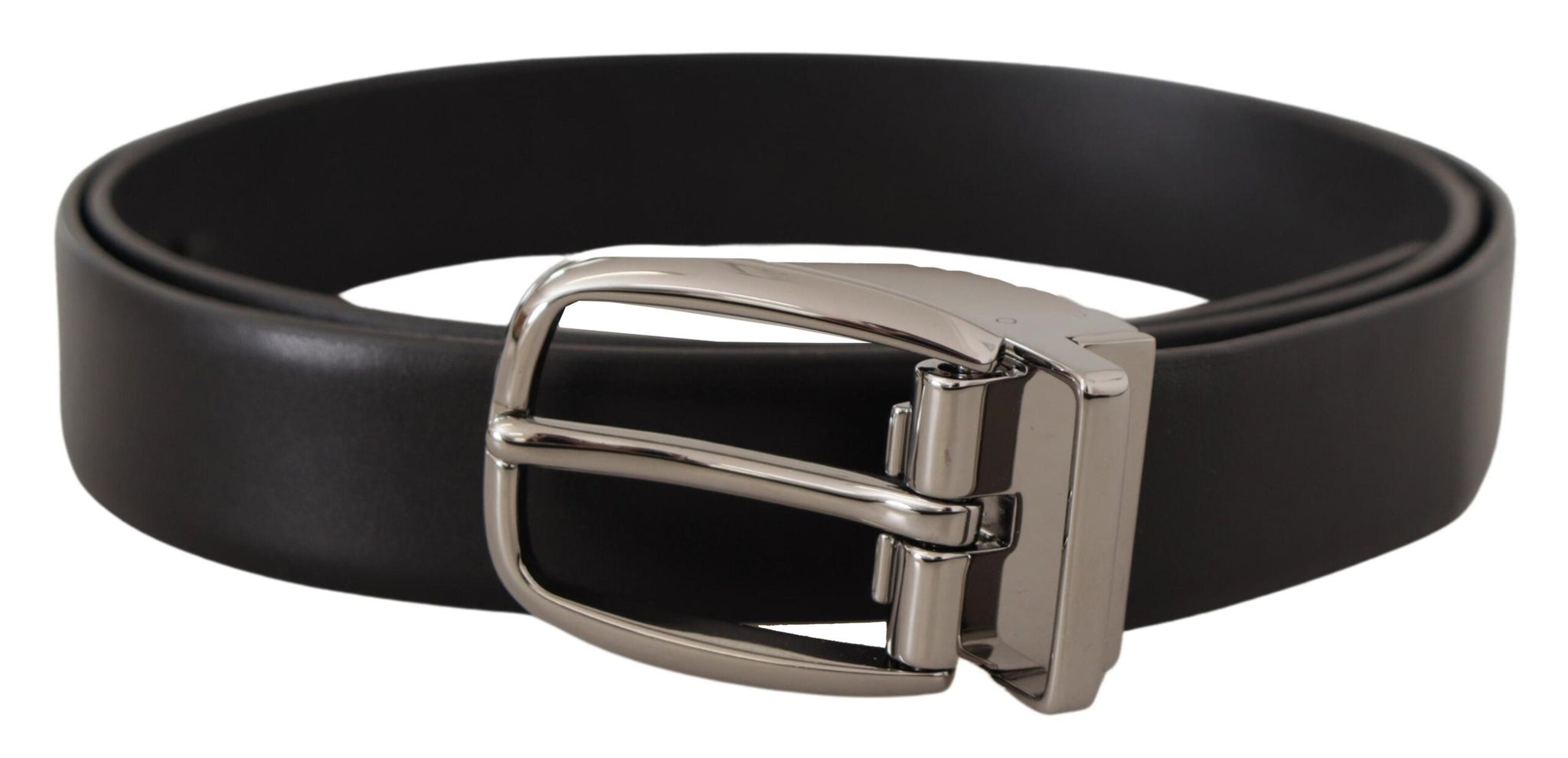 Black Leather Silver Metal Chrome Logo Buckle  Belt