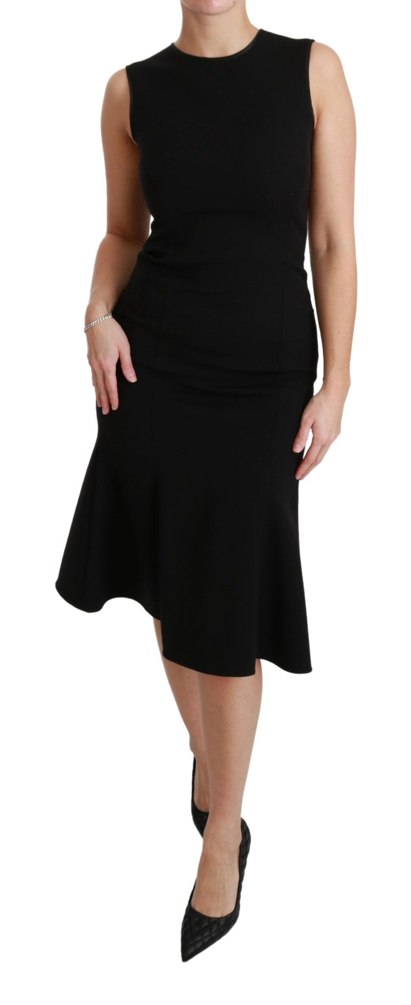 Black Fit Flare Wool Stretch Sheath Dress