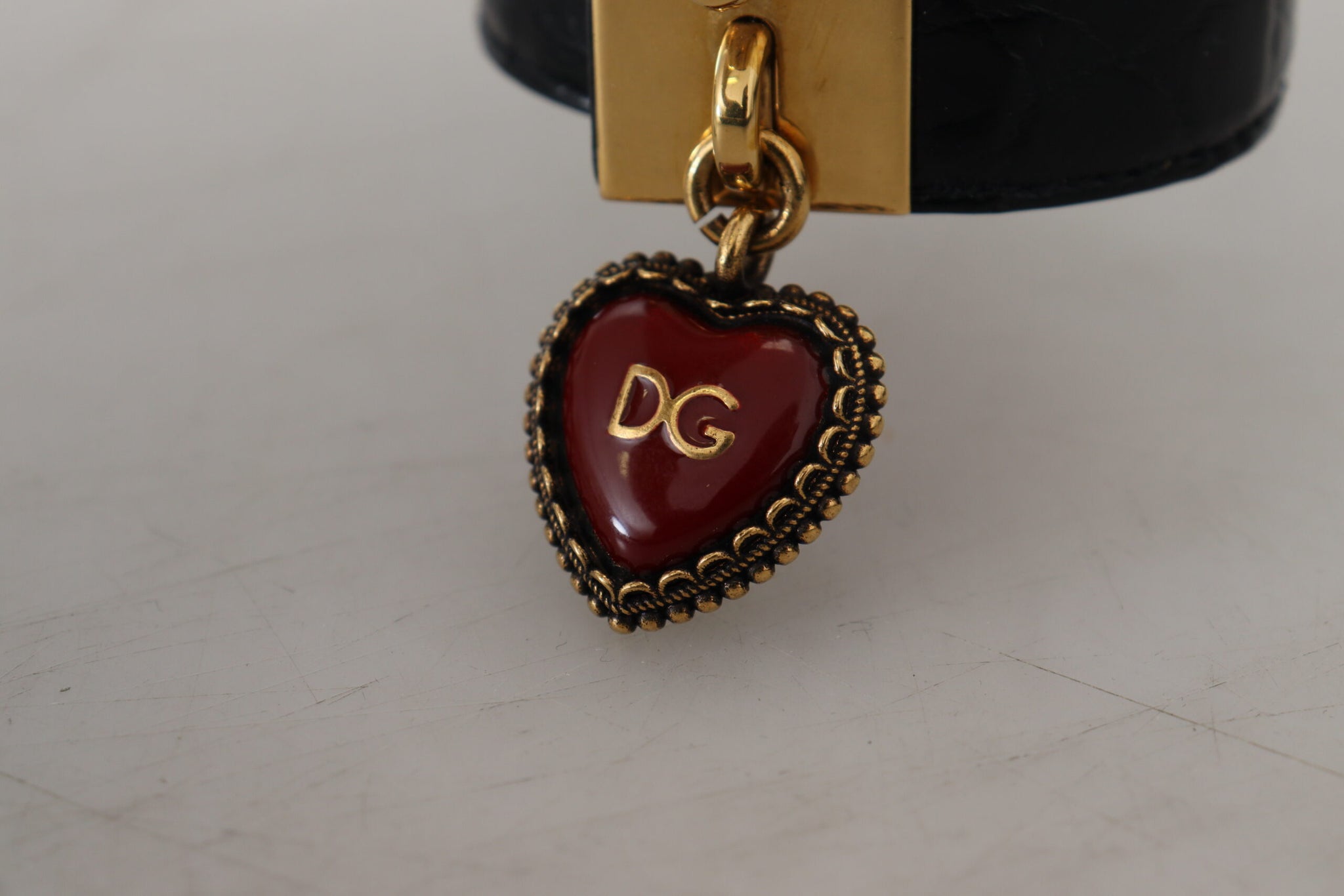 Dolce & Gabbana Black Dauphine Leather DG Heart Key Ring Bracelet