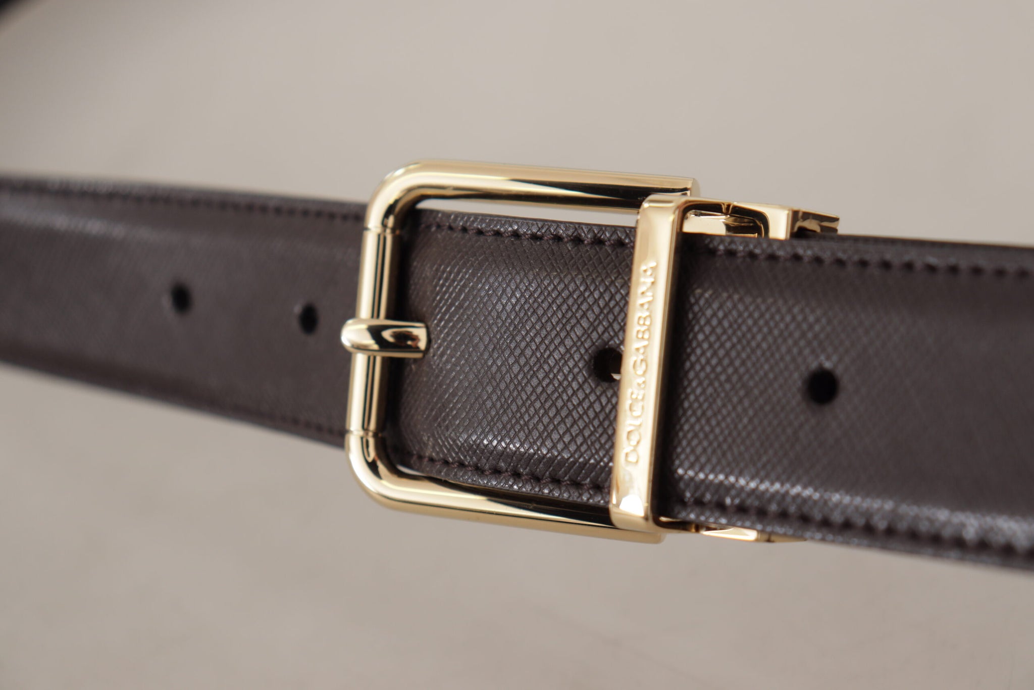 Dolce & Gabbana Brown Calf Leather Gold Logo Metal Buckle Belt