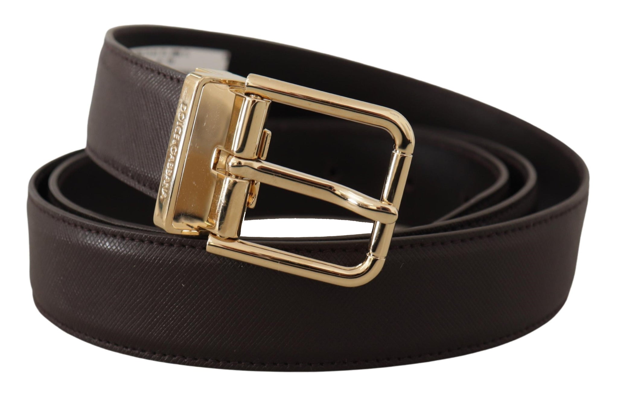 Dolce & Gabbana Brown Calf Leather Gold Logo Metal Buckle Belt