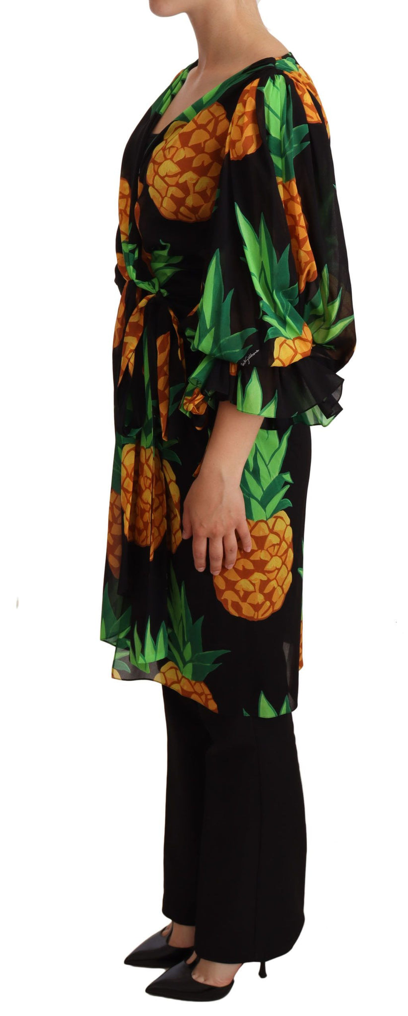 Black Ananas Print Wrap Stretch Silk Dress