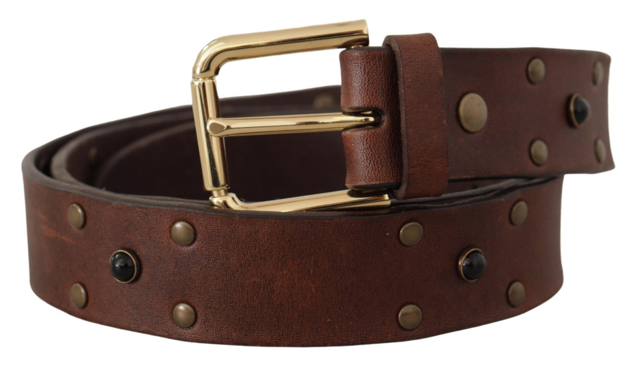 Dolce & Gabbana Brown Leather Studded Gold Tone Metal Buckle Belt