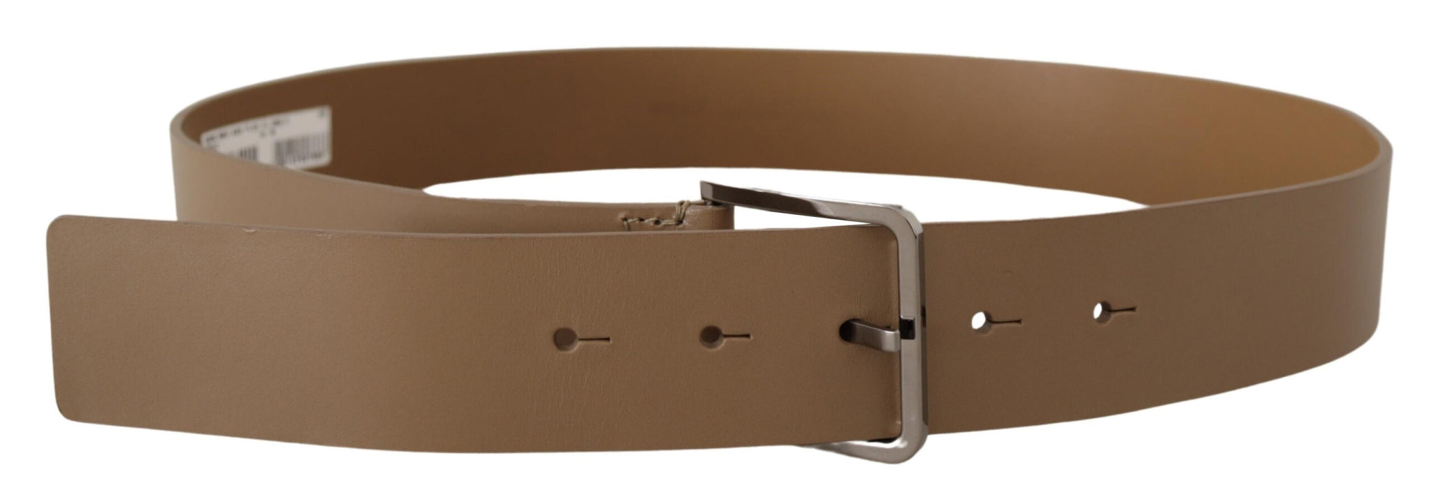 Beige Calf Leather Wide Silver Metal Belt