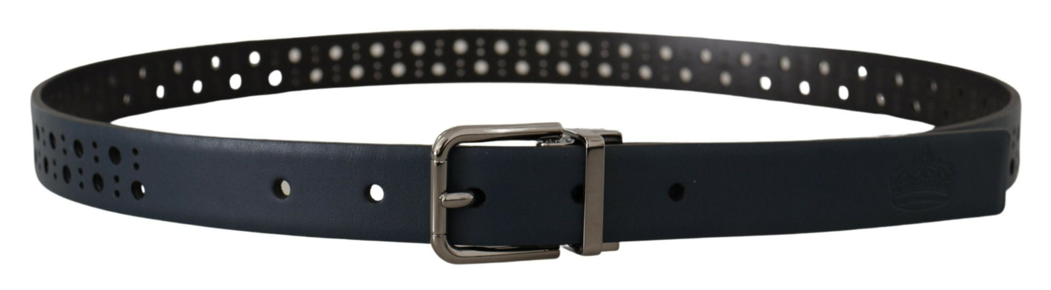 Navy Blue Perforated Leather Skinny Metal Buckle Belt