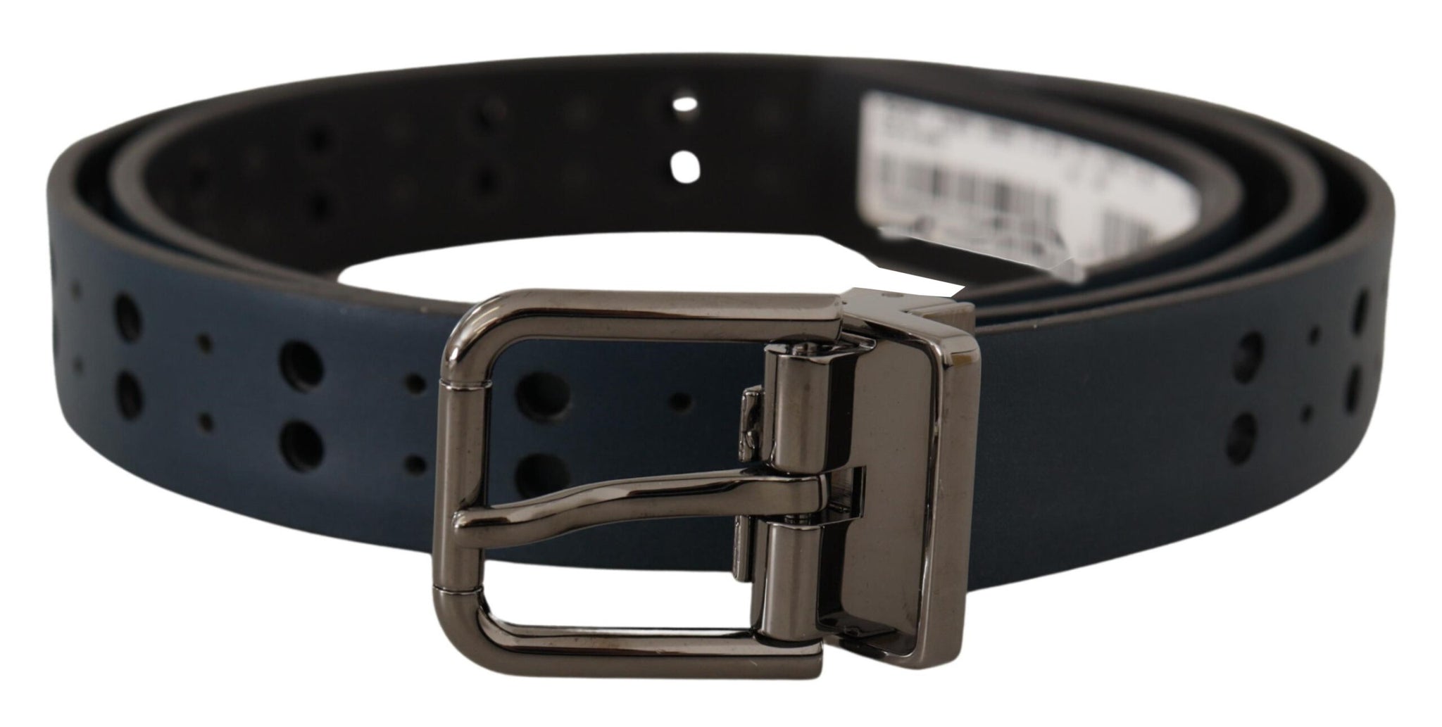 Blue Perforated Skinny Leather Metal Buckle Belt