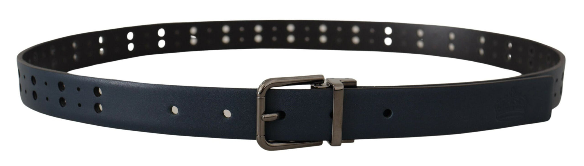 Blue Perforated Skinny Leather Metal Buckle Belt