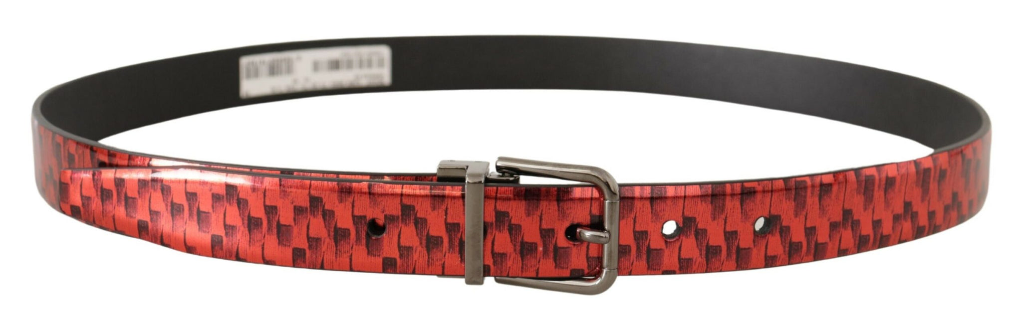 Red Herringbone Leather Gray Tone Buckle Belt