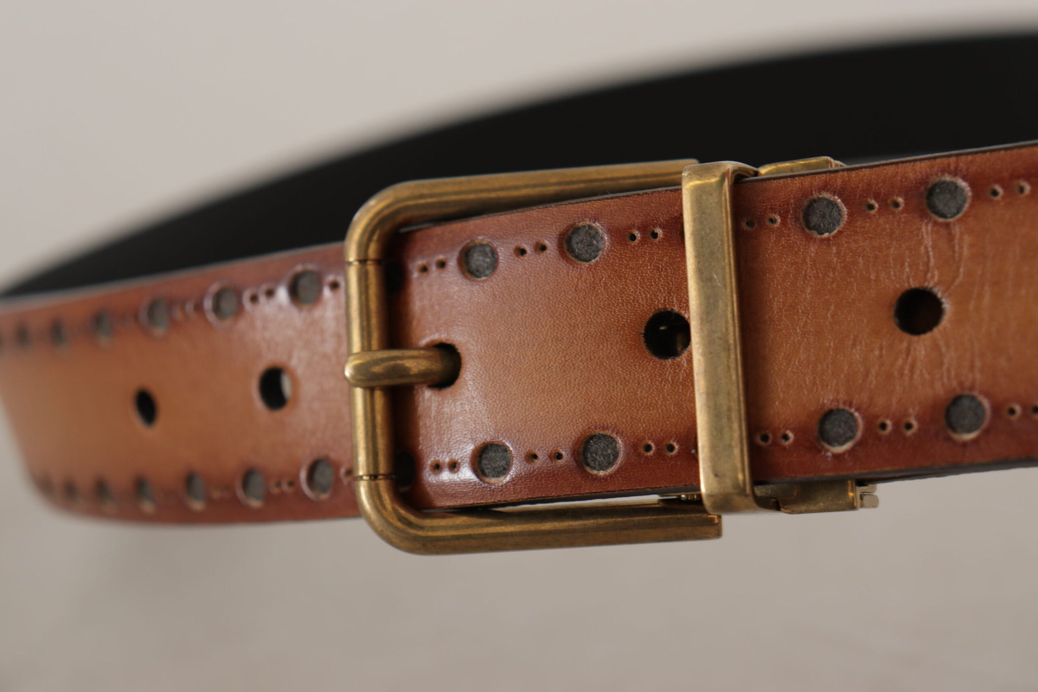 Brown Leather Dress Brass Metal Logo Buckle Belt