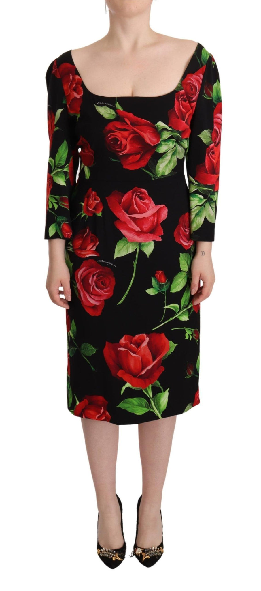 Black Red Roses Sheath Stretch Silk Dress