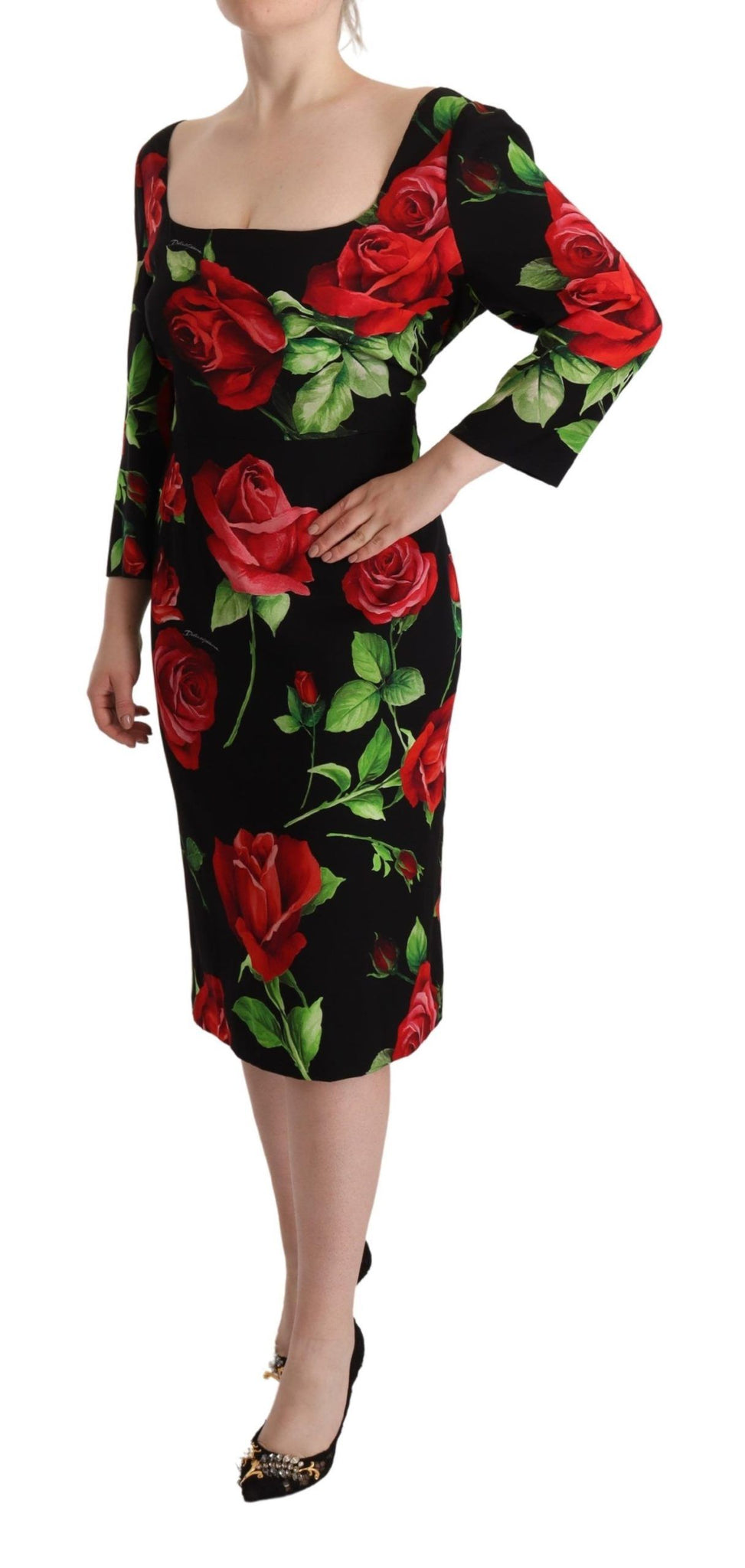 Black Red Roses Sheath Stretch Silk Dress