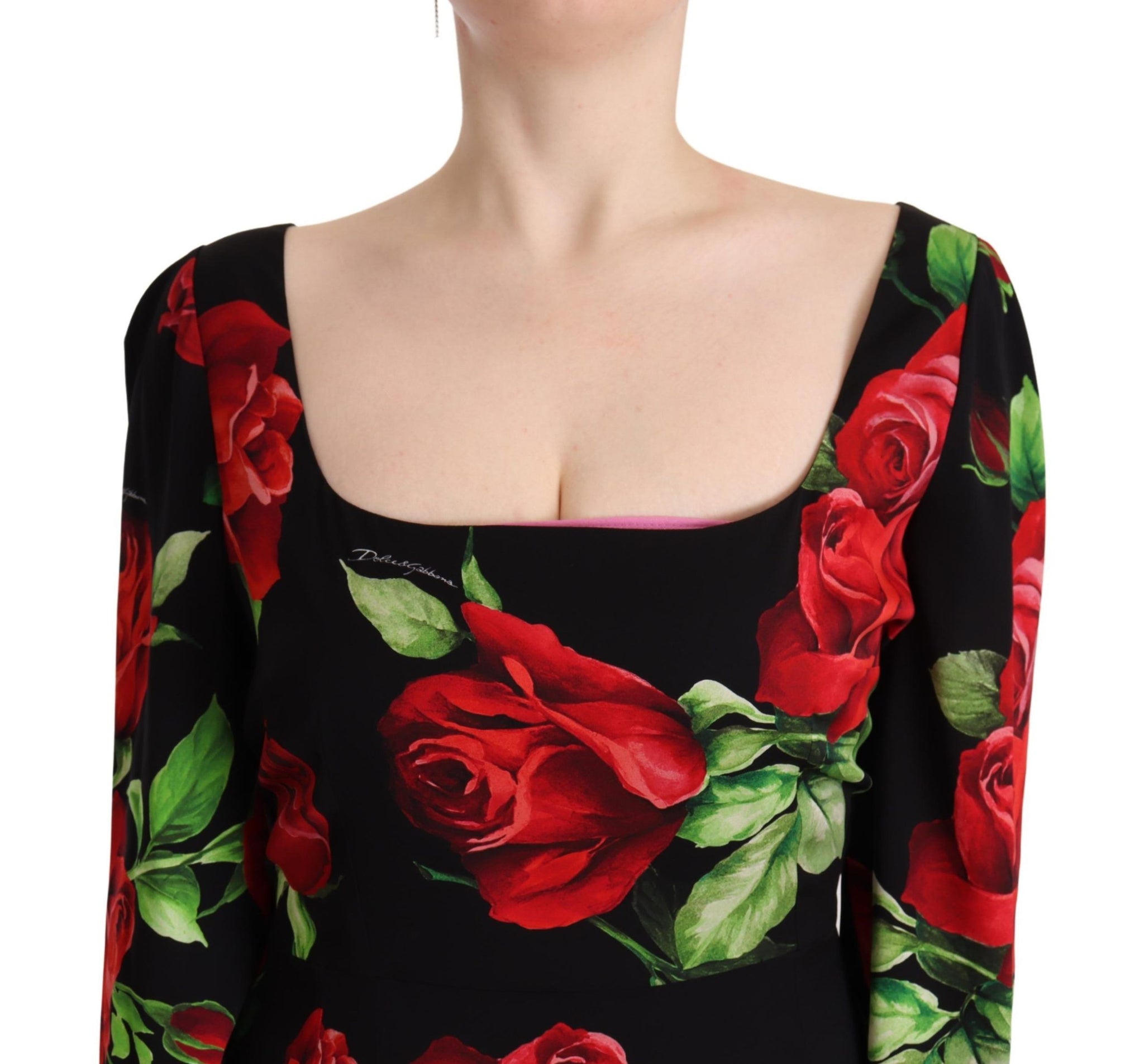 Black Red Roses Sheath Stretch Silk Dress