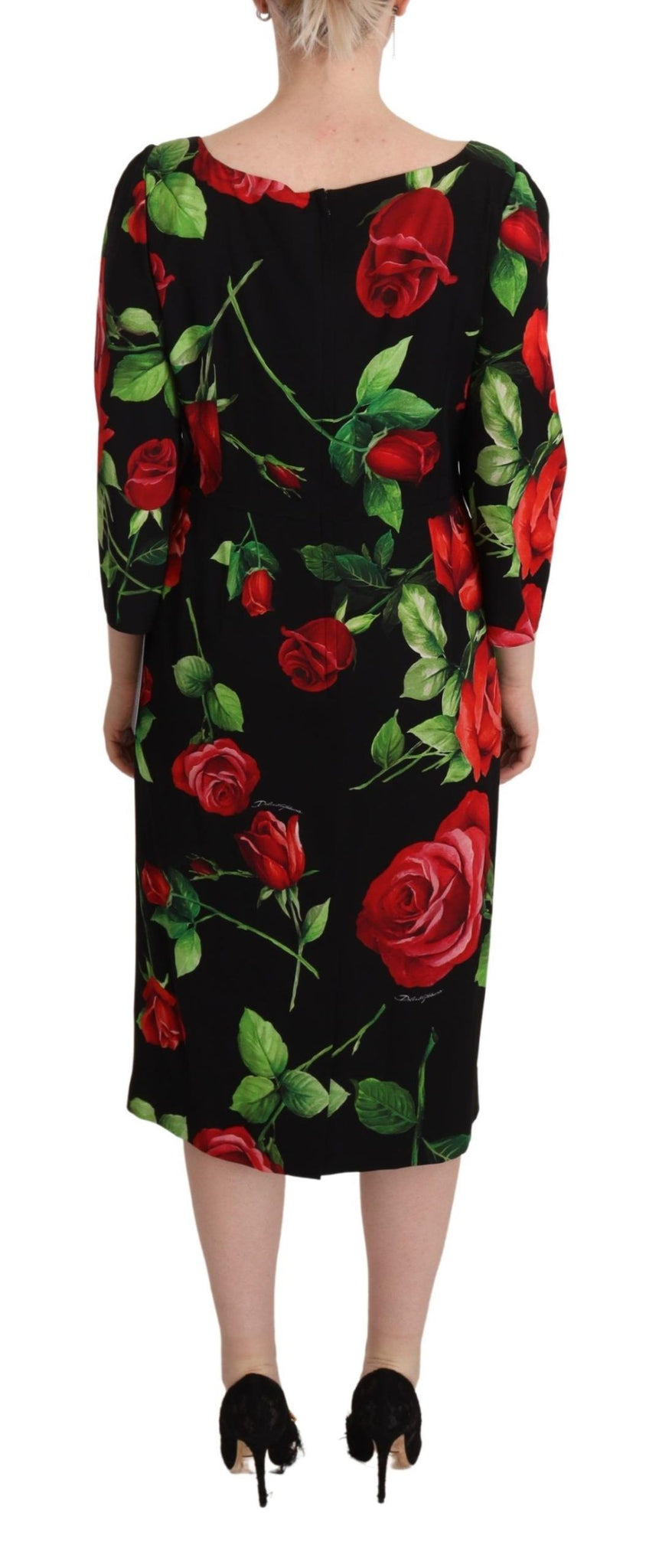 Black Red Roses Sheath Stretch Silk Dress