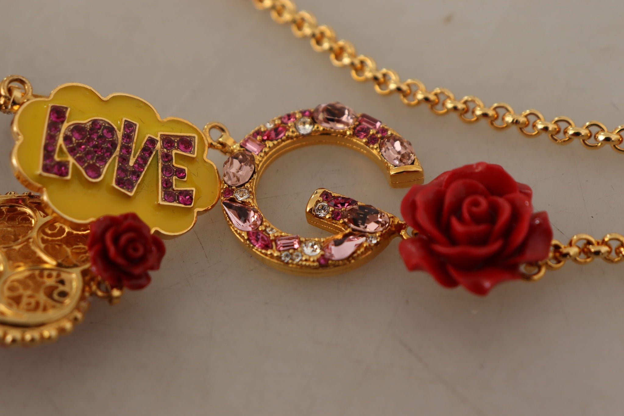 Gold Rose Love Crystal Charm Chain Necklace