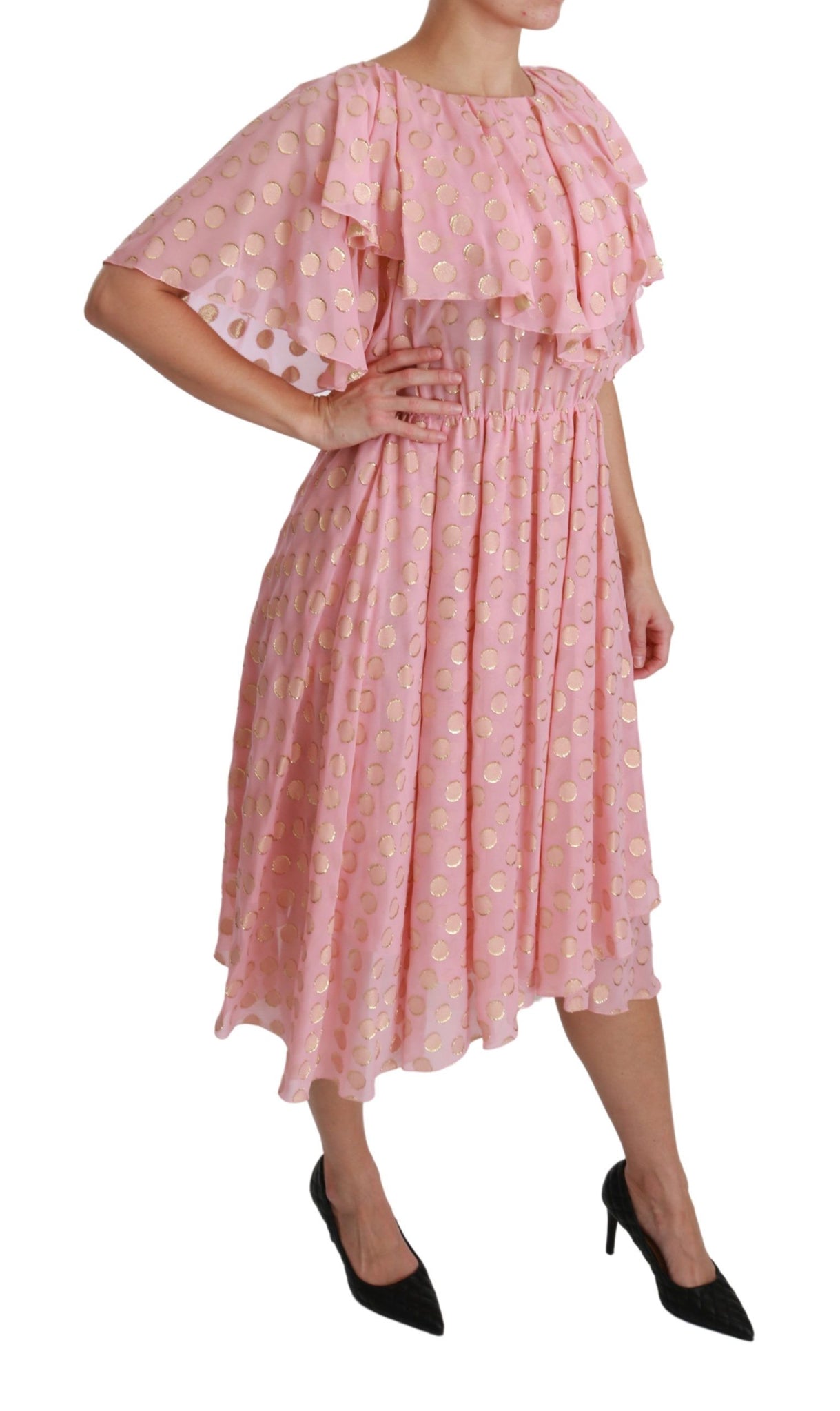 Silk Pink Polka Dots Pleated A-line Midi Dress