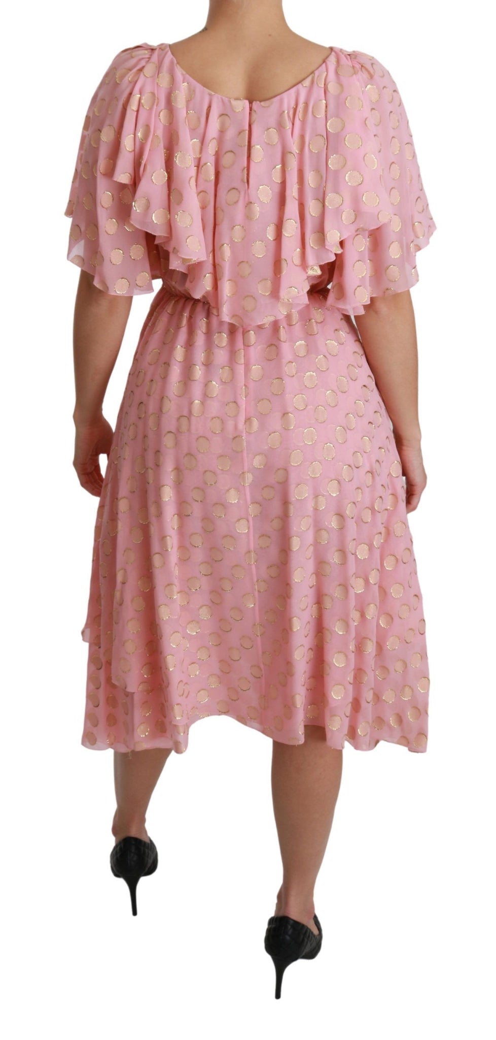 Silk Pink Polka Dots Pleated A-line Midi Dress