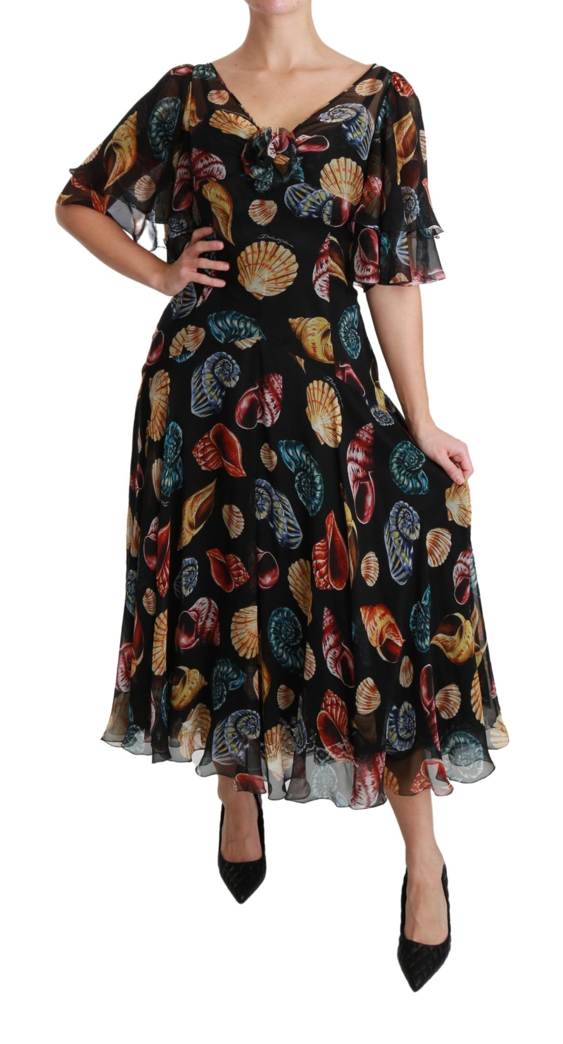 Black Sea Shells Maxi A-line Midi Silk Dress