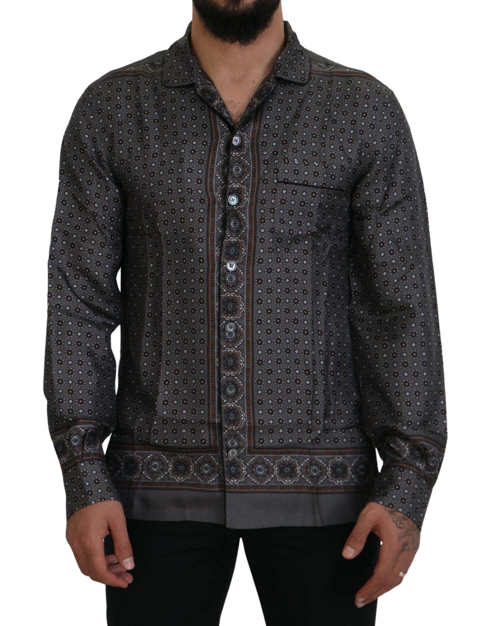 Gray Baroque Silk Satin Casual Shirt