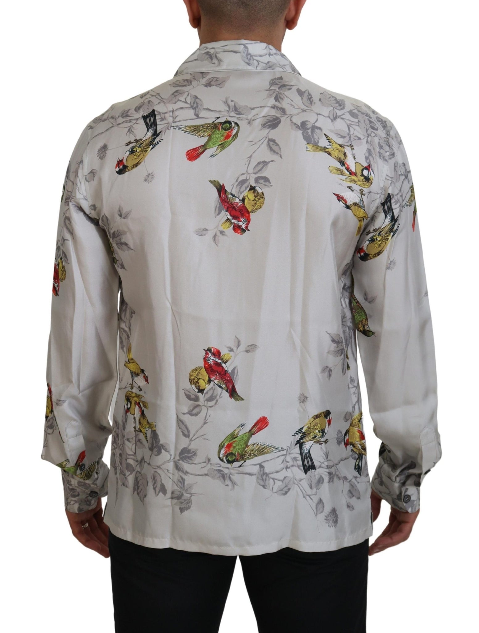 White Bird Print Silk Satin Casual Shirt