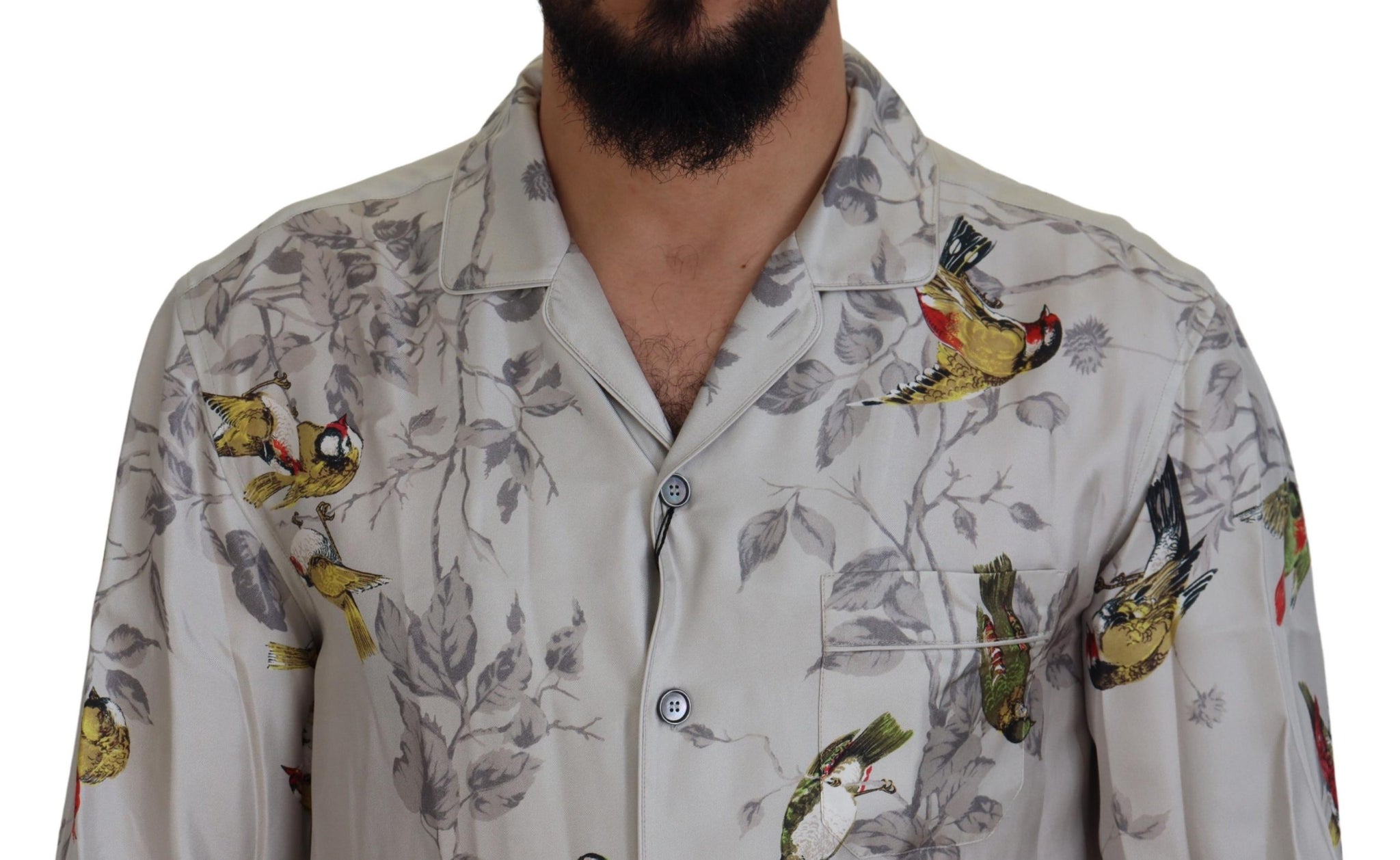 White Bird Print Silk Satin Casual Shirt