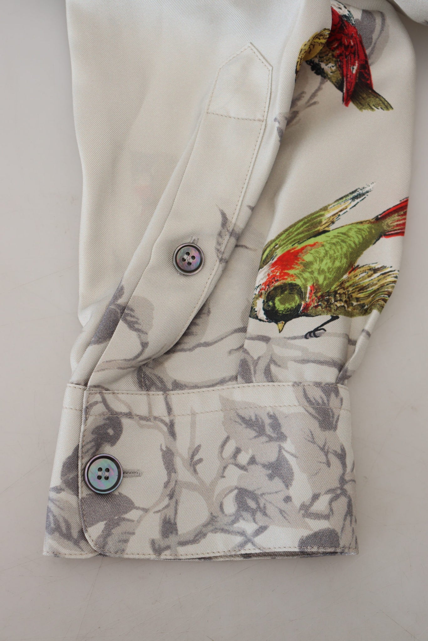 White Bird Print Silk Satin Casual Shirt