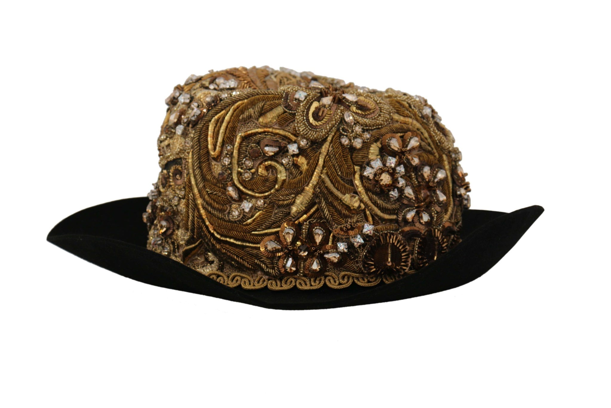 Gold Embellished Crystal Rhinestone Embroidered Fedora Hat