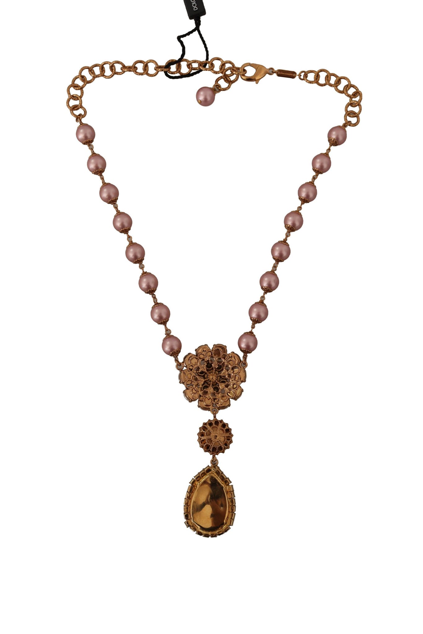 Gold Tone Brass Pink Beaded Pearls Crystal Pendant Necklace