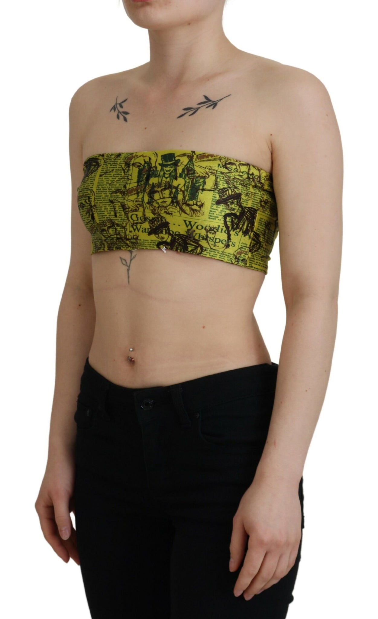 John Galliano Yellow Graphic Print Nylon Strapless Cropped Top