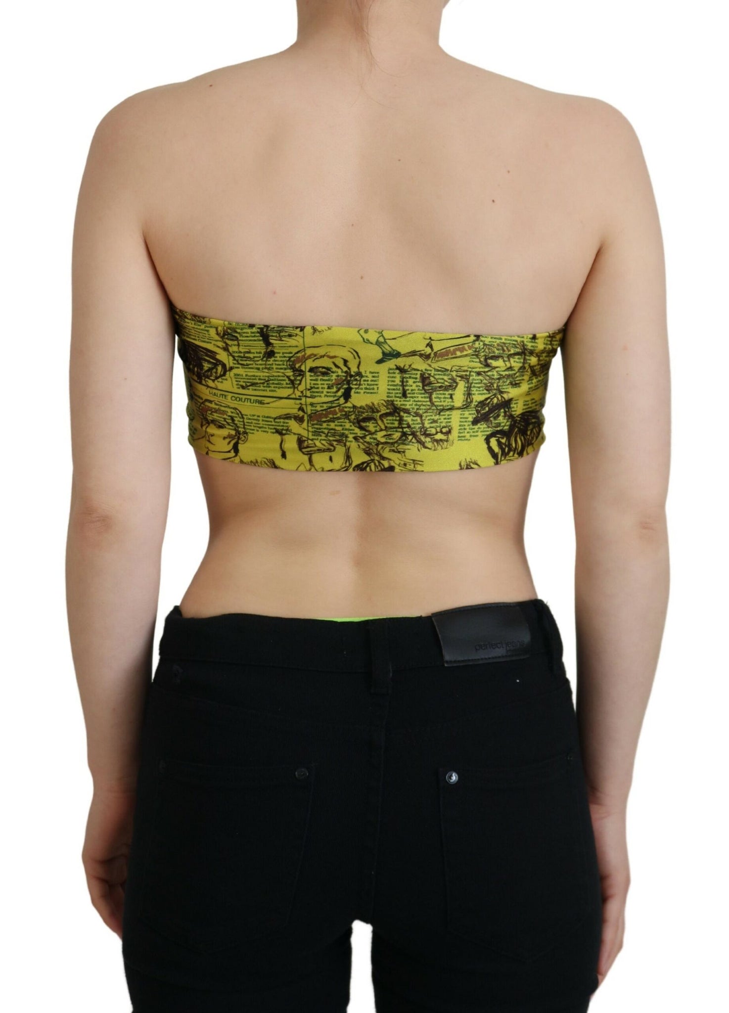 John Galliano Yellow Graphic Print Nylon Strapless Cropped Top