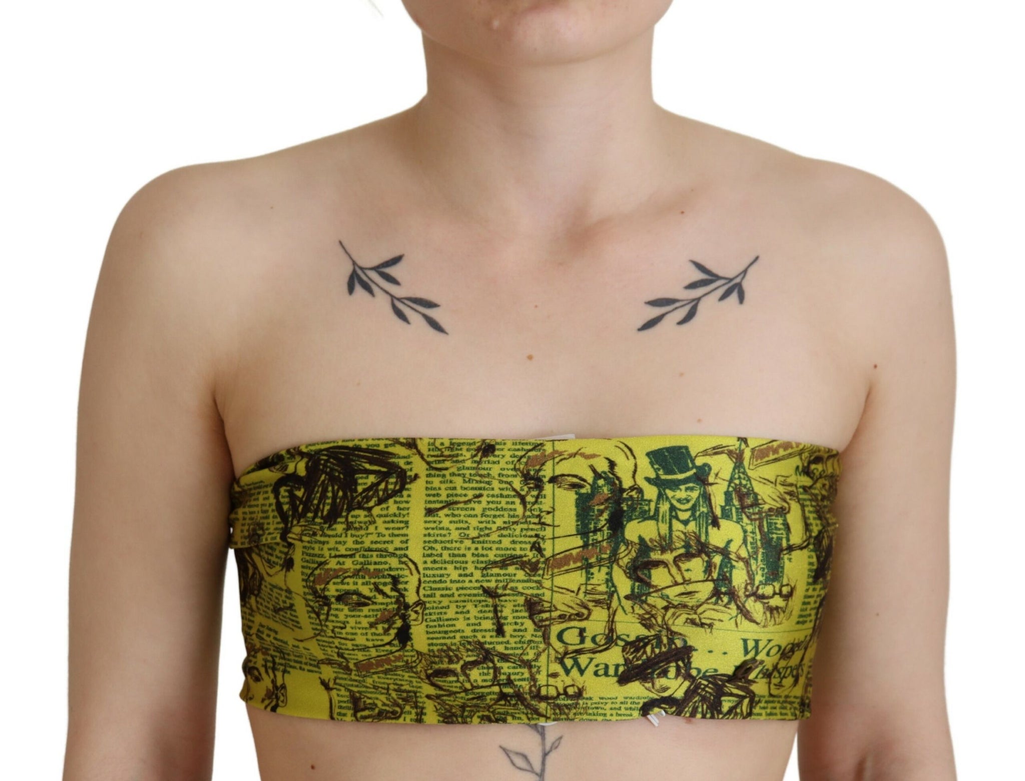 John Galliano Yellow Graphic Print Nylon Strapless Cropped Top