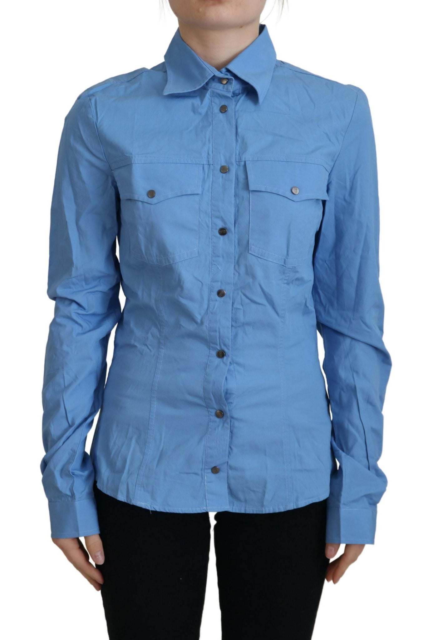 Ferre Blue Cotton Long Sleeves Collared Button Down Top