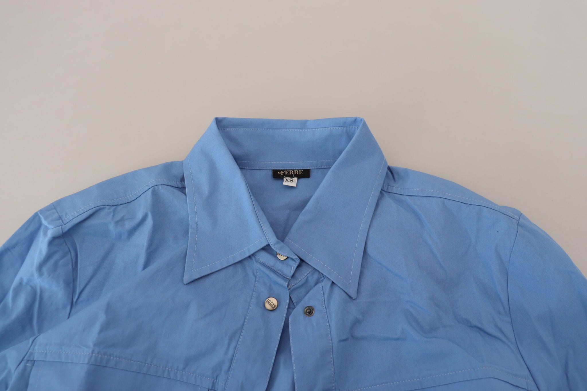 Ferre Blue Cotton Long Sleeves Collared Button Down Top