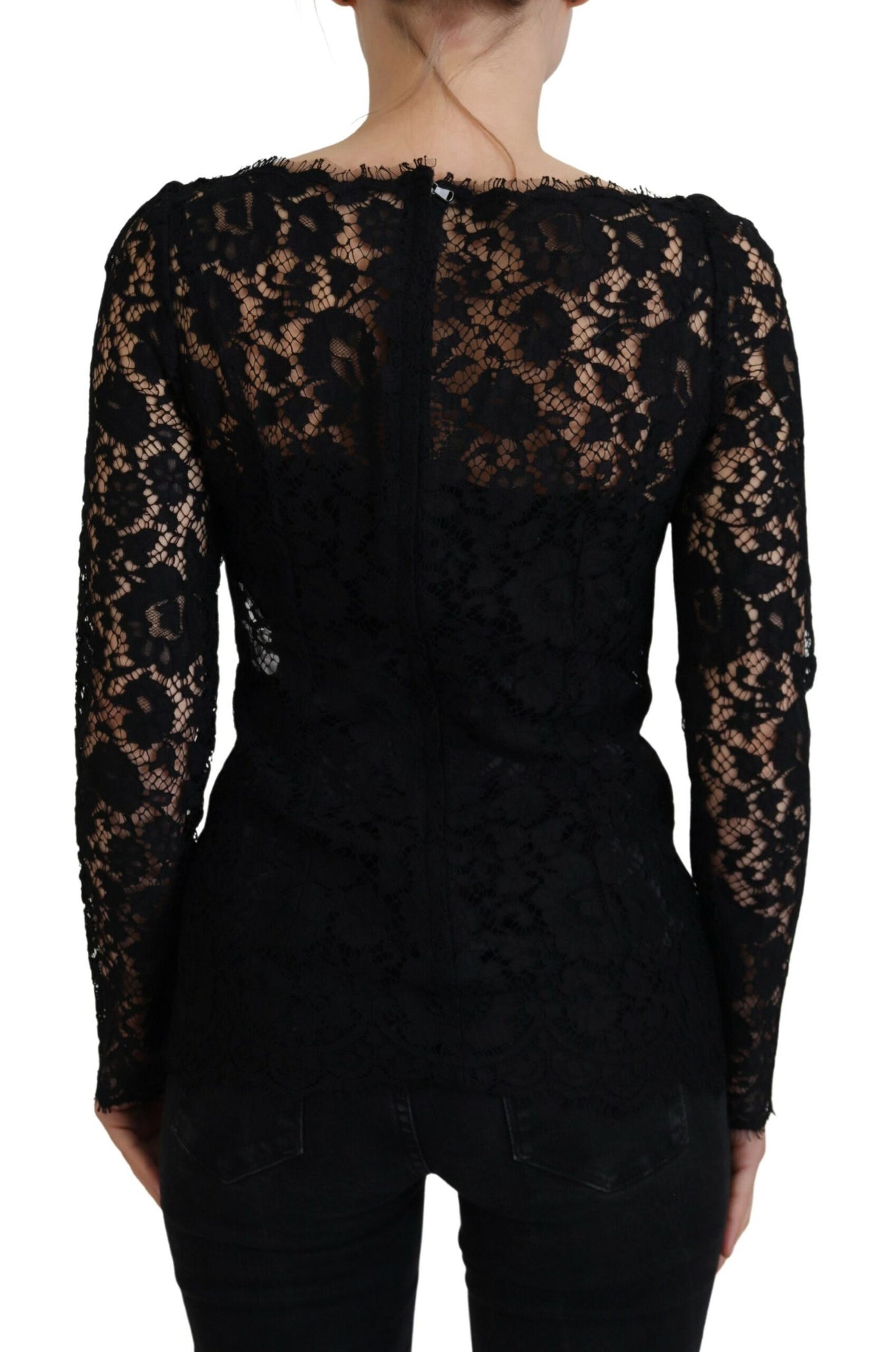 Dolce & Gabbana Black Cotton Lace Trim Long Sleeves Top