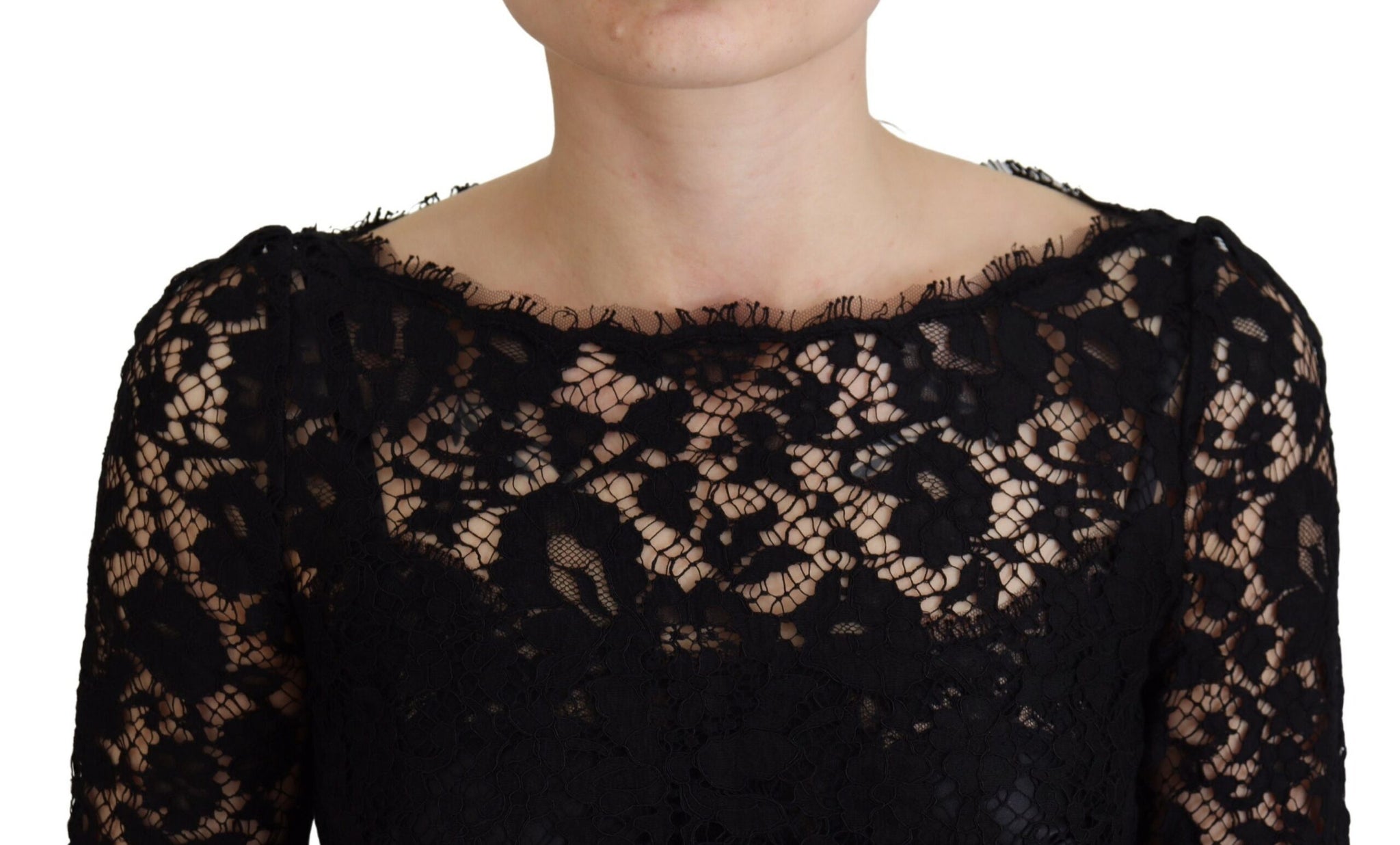 Dolce & Gabbana Black Cotton Lace Trim Long Sleeves Top